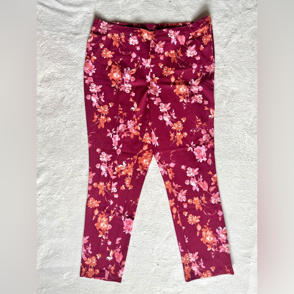 Isaac Mizrahi Live 18W Petite 24/7 Stretch Floral Slim Leg Pull On Pants Rhubarb